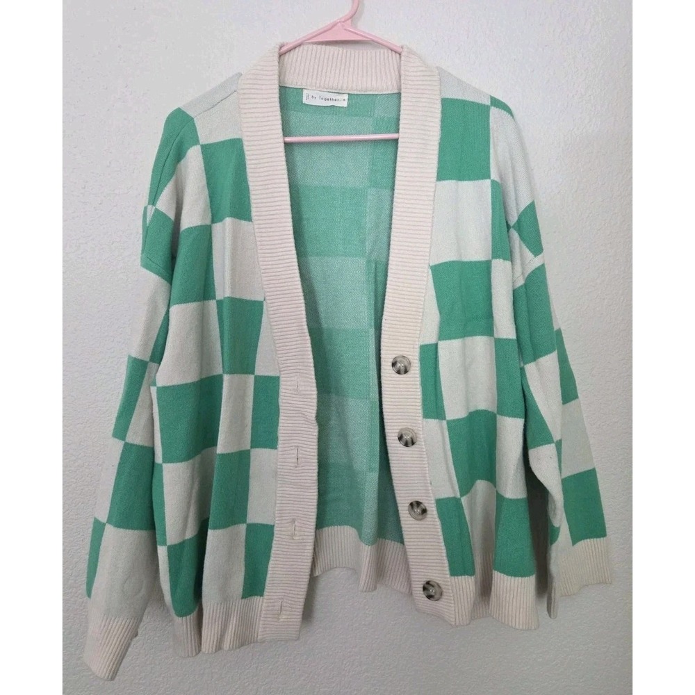 By Together Green Cream Checkered Color Block Sweater Cardigan Size Medium Cozy